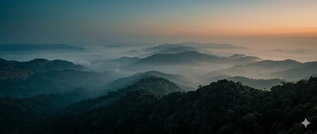 Mist-covered ridges of Chikmagalur at sunrise